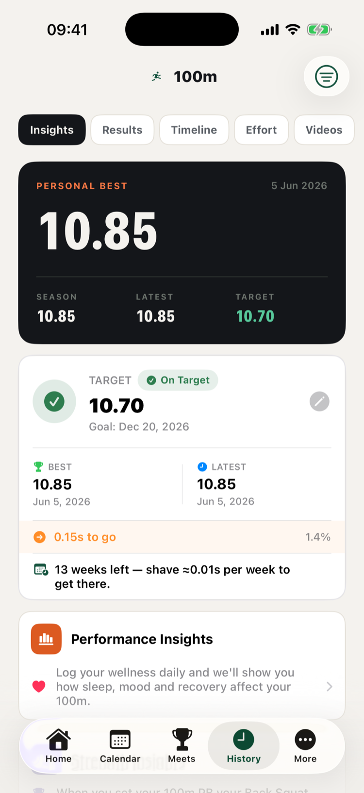 TrackThletics 100m insights with personal best and a target card showing the improvement needed per week