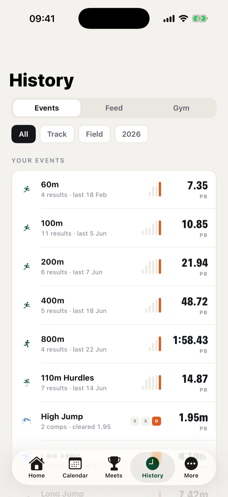 TrackThletics history listing every event with its personal best and recent trend